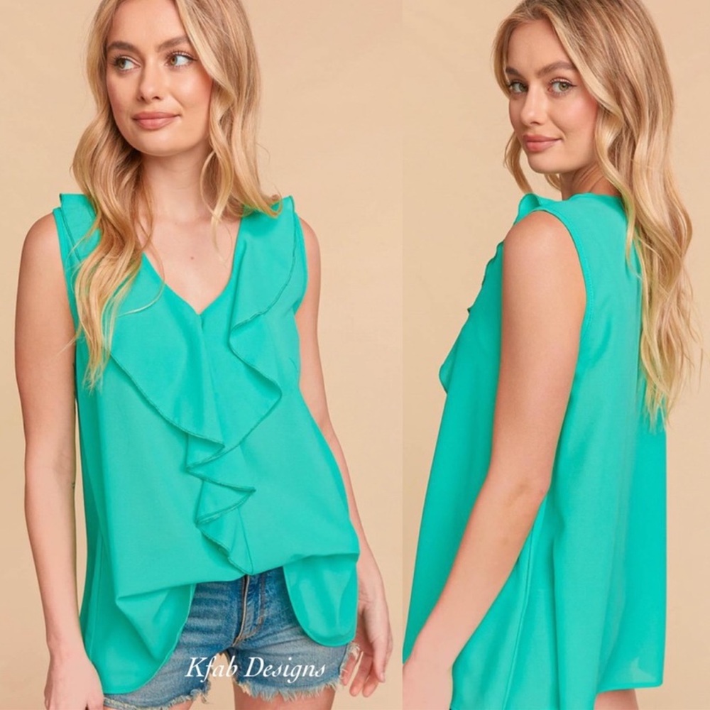 B74💚Classic+sassy blue-green crinkle texture rayon top w/ruffle v-neck💚